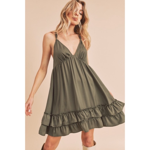 SOLD OUT Sonia - Olive Green Tiered Ruffled Hem Flirty Slip Mini Dress - Picture 2 of 3
